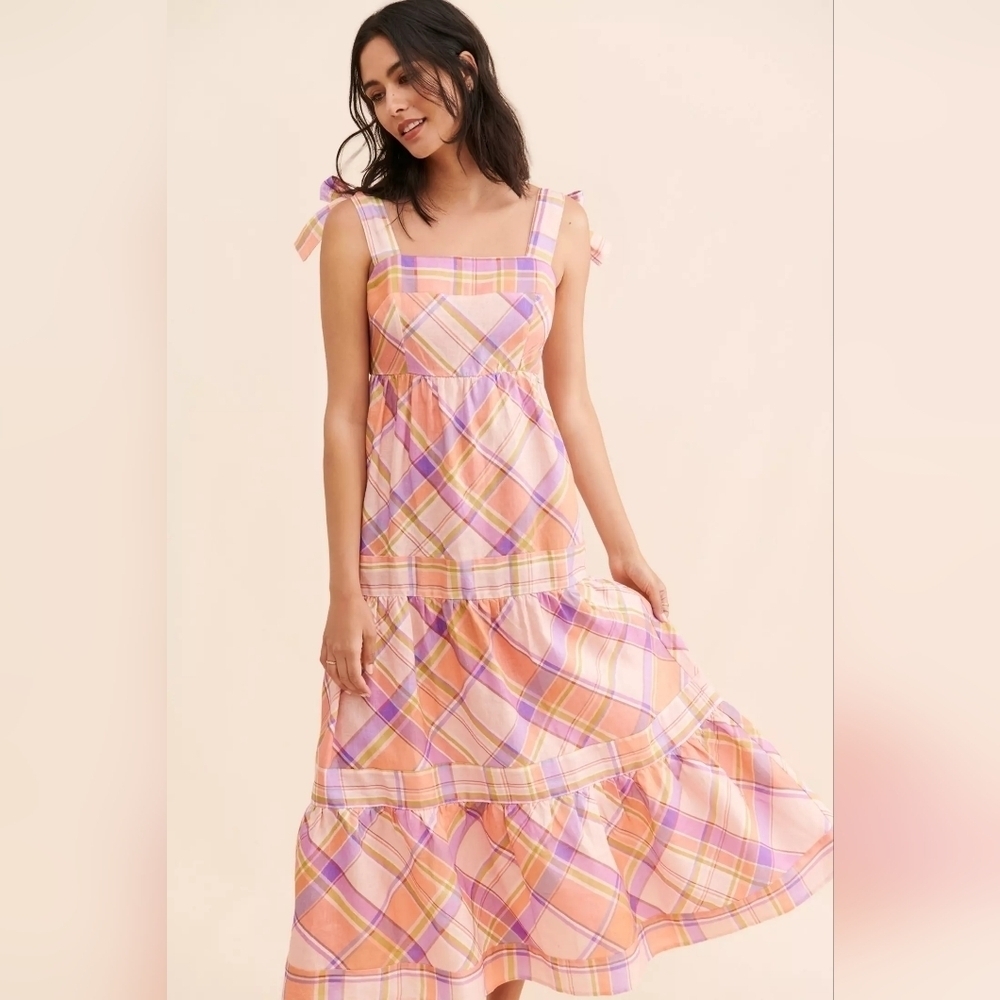 Anthropologie - Kachel - Tie Strap Linen Plaid Maxi Dress